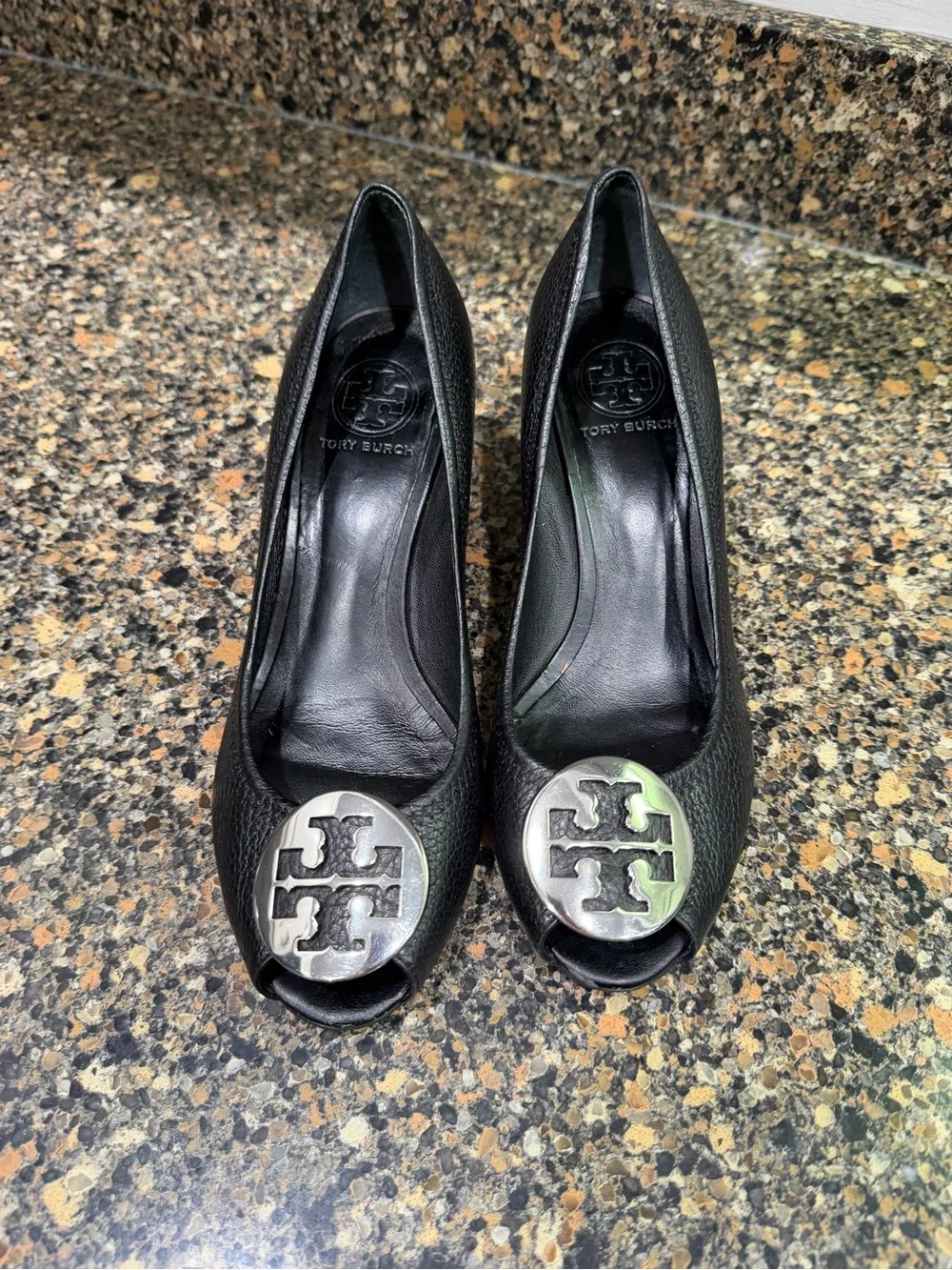 Tory Burch Black Leather Peep-Toe Heels with Silver Logo Medallions 7.5